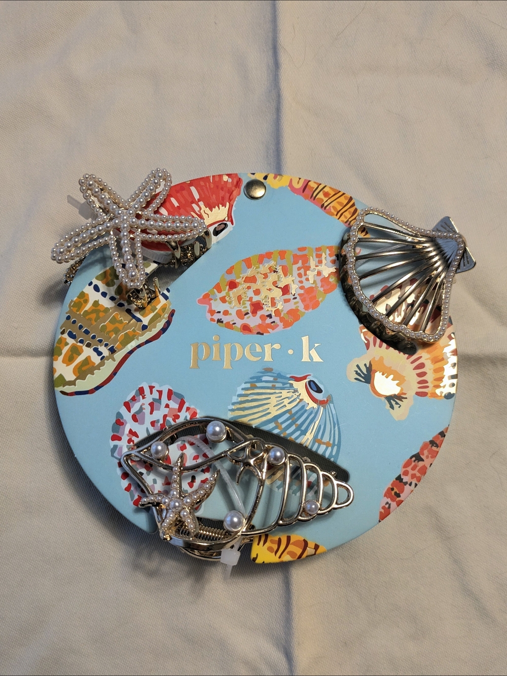 2/$25 - Piper K Pearl Starfish Seashell Hair Clip - Gold Tone Set Of 3
